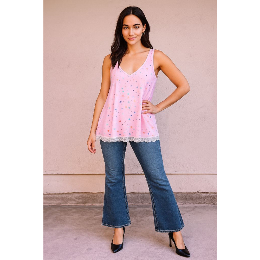 Pink Star Print Tank Top with Lace Hem